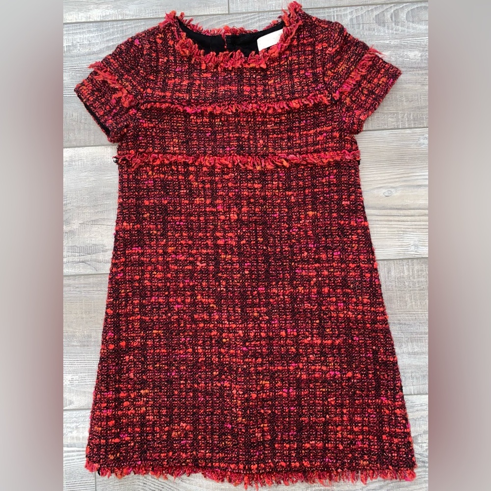 🍂 Zara Orange Red Black Fall Textured Tweed Cap Sleeve Fringe Dress Size 8